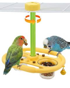 lot 18111 image: Bird Spinning Toy with 2 Feeding Cups, 360° Rotating Bird Toys for Parrots with Bells & Cork for Boredom Relief, Multi-Function Interactive Parakeet Perch with Anti-Slip Textured, Washable Birds Perch