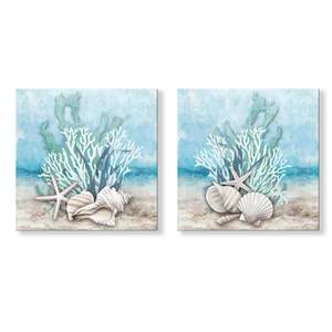 lot 18118 image: iHAPPYWALL 2 Pieces Ocean Theme Canvas Wall Art Coastal Shell Starfish Coral Conch Picture for Bathroom Kitchen Living Room Ready to Hang 12x12inchx2pcs