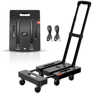 lot 19303 image: SPACEKEEPER Folding Hand Truck, 500 LB Heavy Duty Luggage Cart, Utility Dolly Platform Cart with 6 Wheels & 2 Elastic Ropes for Luggage, Travel, Moving, Shopping, Office Use, Black