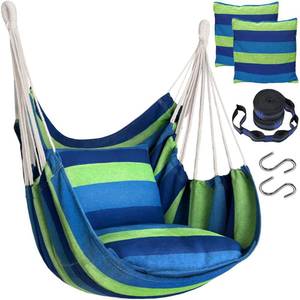 lot 19319 image: Halalona Hammock Chair Hanging Hammock Chair Rope Swing 2 Cushions Included-Sturdy & Durable Soft Cotton Hand Woven Hammock Swing for Bedroom, Porch, Patio-IndoorOutdoor