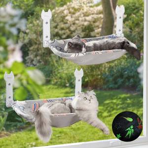 lot 19336 image: HiPetpy 2 Pack Cat Window Perch, Glow in The Dark Foldable Cat Hammock with Sunken Design & Removable Soft Cover, Breathable Cordless Window Bed for Resting Indoor Kitten (Shallow Perch, 2 Pack - L)