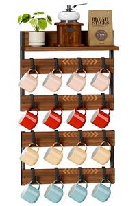 lot 19337 image: Dhmkfly 2-in-1 Coffee Cup Holder Wall Mounted, 4-Tier Coffee Mug Holder Wall Mount with 16 Adjustable Hooks and Display Shelf, Wooden Mug Rack Hanger Organizer for Home Kitchen Display and Collection