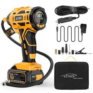 lot 19346 image: AUTDER Cordless Tire Inflator, 180PSI Portable Air Compressor with 21V Rechargeable Battery & 12V DC Car Adapter, Fast Inflation Digital Pump for Cars, Motorcycles, Bikes & Sports Balls - Black Yellow