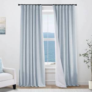 lot 19348 image: Sky Blue Pleated Blackout Curtains 96 Inch Long 2 Panel Set, Heavy Linen Lined Back Tab 100% Black Out Nursery Curtains Boy, Light Blue