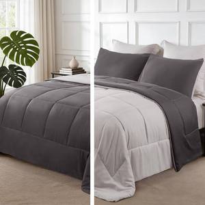 lot 19356 image: Exclusivo Mezcla Lightweight Reversible Queen Size Comforter Set, Down Alternative Comforter with 2 Pillow Sham, Queen Size Bedding Set for All Seasons, Grey