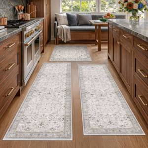 lot 19373 image: JTJ Vintage Distressed Kitchen Rug Set, Non Slip Washable Soft Floor Mat for Sink Area, Neutral Grey Beige Decorative Runner for Farmhouse Modern Home D�cor