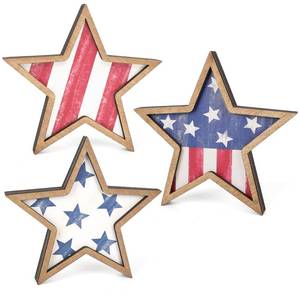 lot 20359 image: COCHIE 4th of July Decorations Wooden Stars, Patriotic Memorial Day Star Tiered Tray Decor Set of 3, Fourth of July Red White Blue Decoration for Home Office Table Shelf (Flag Retro)
