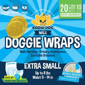 lot 20379 image: Bodhi Dog Disposable Male Dog Diapers - Super Absorbent, Leak-Proof Pee Wraps - Adjustable Fit, Comfortable Design, Advanced Moisture Control, and Wetness Indicator - Extra Small (20 Count)
