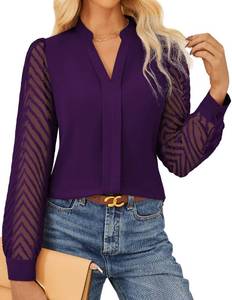 lot 20383 image: Cute Tops for Women Dressy Business Casual Blouses V Neck Lace Long Sleeve Shirts Work Outfits Trendy Fall Clothes 2025, Dark Purple, Small