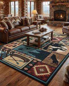 lot 1672 image: Yghgezl Rustic Rugs for Living Room, Washable Cabin Rug 5x7 Bear Area Rug Country Farmhouse Wildlife Hunting Lodge Rug for Bedroom Deer Moose Brown