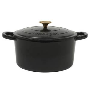 lot 1718 image: Crock Pot Artisan 7-Quart Round Cast Iron Dutch Oven with Lid �� Black Enamel Finish, Gold Knob, Durable Heavy-Duty Cookware for Slow Cooking, Baking, and Roasting
