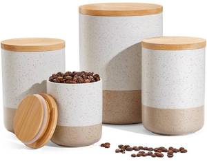 lot 1722 image: Yangbaga Canisters Sets for Kitchen Countertop-Set of 4 Ceramic Kitchen Canisters Food Storage Jar with Airtight Wood Lids & Spoons & Label,Large Flour and Sugar Containers for Serving Ground Coffee