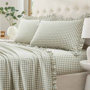 lot 2271 image: Yvrcen Ruffle Gingham Queen Sheet Set - 4 Piece Sage Green Plaid Cotton Bed Sheets Queen Size - 16 Inch Deep Pocket Checkered Ruffled Sheets Farmhouse Decor - Linen-Feel & Breathable
