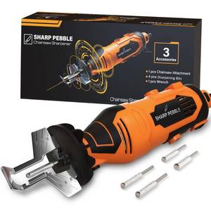 lot 2279 image: Sharp Pebble Electric Chainsaw Sharpener Kit - Comes with Chain Saw Sharpener Tool, 4 File Size Sharpening Wheel Bits, Angle Attachment, Wrench & eBook