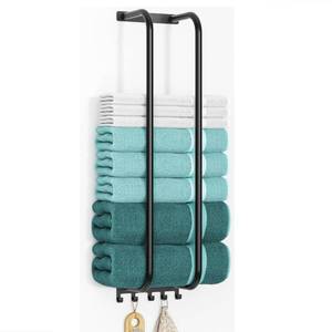 lot 2293 image: Towel Rack Bathroom Wall Holder 27.9 Inch Wall Mounted Shower Organizer, for Rolled Towel Storage, 2 Metal Racks Plus Extra 5 Hooks, for Modern Small Space Bathroom RV Campers (Matte Black)