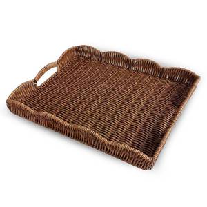 lot 4322 image: Serving Tray with Scalloped Edge, Rectangular Wicker Tray with Handles, Ideal for Breakfast or Meals in Bed and on Sofa, Decorative Coffee Table Tray to Enhance Dining (Coffee Brown)