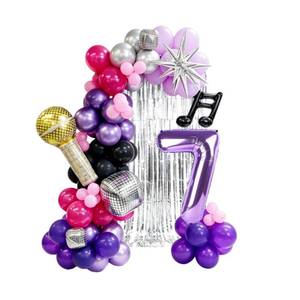 lot 4361 image: K Pop Cool Hunter 7th Birthday Decorations for Girls, Cool Purple Black and Pink Balloon Garland Kit with Number 7 Foil Balloon, Disco Ball, Microphone & Music Notes - Anime Inspired Party Supplies