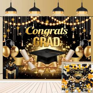 lot 4362 image: ShowLong Congrats Grad Backdrop Glitter Black Gold Graduation Cap Class of 2026 Background Polyester Graduation Prom Party Decoration Supplies Photo Booth Props 7x5FT