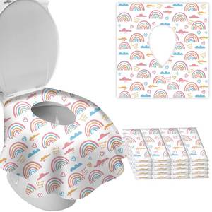 lot 4414 image: DEEKI 20 Pack Toilet Seat Covers Disposable, Safe No-Slip Waterproof for Kids Toddlers Use in Potty Training Public Restrooms Toilets, Portable Clean Covers for Adults Travel -Rainbow (20 Count)