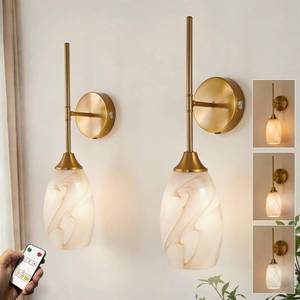 lot 5468 image: Alabaster Battery Operated Wall Sconces Set of 2, Gold Rechargeable Wireless Wall Sconces with Hand-Blown Glass, Remote Control, Magnetic Mount,Dimmable 3 colors for Bedroom Living Room Hallway
