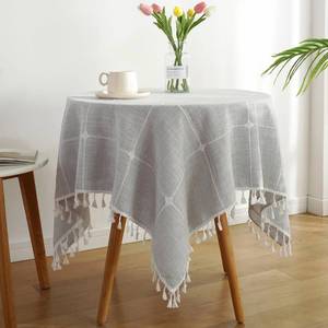 lot 6280 image: Hpxrom Lattice Rustic Farmhouse Tablecloth Cotton Linen Grey Dust-Proof Washable Boho Embroidery Table Cover Square Table Cloth for Party Kitchen Dining Tabletop Decoration 43 x 43 Inch