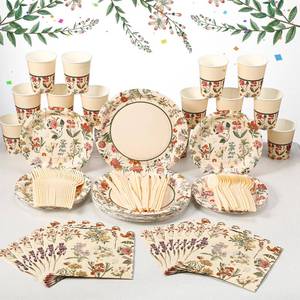 lot 6288 image: Roshtia Floral Party Supplies for 25 Guests - Disposable Flower Paper Plates & Napkins, Tableware for Girls & Women Birthday Tea Party Decorations, Floral Disposable Dinnerware