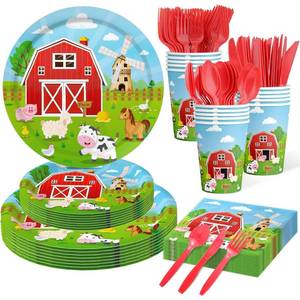 lot 6304 image: 150 Pcs Farm Animal Birthday Party Decorations Farm Plates Tableware Barnyard Farm Birthday Party Supplies Serves 25 Farm Themed Cups, Farm Animal Napkins Red KnifeForkSpoon