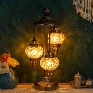 lot 6322 image: Marrakech Turkish Lamp 3 Globes Moroccan Table Lamp with Bronze Base, 23 Tall Handmade Yellow Tiffany Mosaic Glass Night Light Fixture Including LED Bulb for Living Room Bedroom Decor