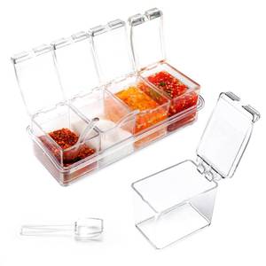 lot 6332 image: PNDID Clear Seasoning Box, 4 Piece Seasoning Rack Spice Pots, Plastic Storage Container Condiment Jars with Lids and Spoon, Storage Container Spice Jar for Salt Sugar Tea Herbal Coffee Beans