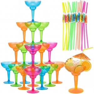 lot 6337 image: 120 Pcs Plastic Margarita Glasses with Umbrella Drink Straws 60 Pcs 12 oz Disposable Margarita Cup and 60 Umbrella Straws for Cinco De Mayo Fiesta and Mexican Taco Party Supplies Summer Party Supplies