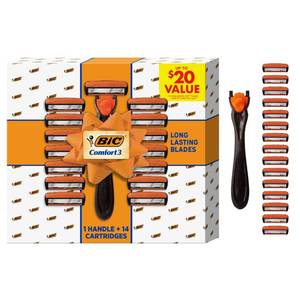 lot 6347 image: BIC Comfort 3 Refillable Mens 3-Blade Razors Holiday Gift Set, 1 Handle and 14 Cartridges, Stocking Stuffer for Men incomplete