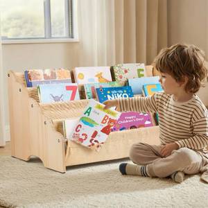 lot 6355 image: BeMarve Toddlers Bookshelf 100% Solid Pine Wood Montessori Nursery Bookcase 4-Tier Large Capacity, Sling Book Rack Organizer with Wavy Safety Edges for Kids Playroom Bedroom Classroom, Light Khaki