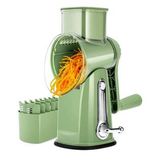 lot 6359 image: SUSTEAS Rotary Cheese Grater with Handle - Vegetable Shredder with 5 Well-designed Blades & Strong Suction Base,Round Mandoline Slicer & Food Chopper for Kitchen,with Blade Storage Box(Retro Green)