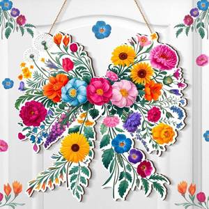 lot 6361 image: Queekay Summer Wildflowers Door Sign Butterfly Welcome Front Door Sign Floral Wood Hanger Seasonal Farmhouse Wreaths for Indoor Outdoor Farmhouse Home Porch Garden Decor