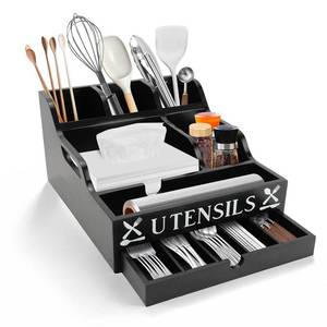 lot 6390 image: Kitchen Utensil Holder with Drawer, Farmhouse Spatula Organizer for Countertop,Large Capacity Flatware Spoon Forks Knives Cooking Tool Cutlery Holder for Party Picnic BBQ with 11 Compartments(Black)