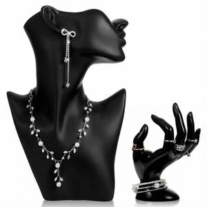 lot 6394 image: A2-Piece Resin Jewelry Mannequin Display Set with Boutique Bust Holder and Hand Ring Stand for Necklace Earring Bracelet Pendant Showcase (Black)