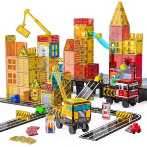 SKTMYY Magnetic Tiles Construction Toys with Road & Crane & Marble Run, Double-Sided Fire Station & Building Magnet Tiles for Kids Ages 4-8, STEM Magnetic Blocks Gifts for 3 4 5 6 7 8 Year Old Boys