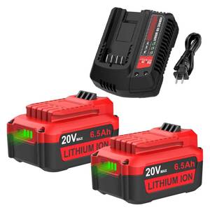 lot 11024 image: Powilling 2Pack 20V V20 Lithium Battery & Charger Set, 6.5Ah High Capacity Long Lasting Replacement for Craftsman V20 Series CMCB202 CMCB204 CMCB205 CMCB206 CMCB201 CMCB100 CMCB124