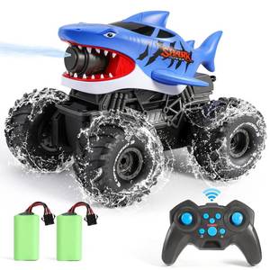lot 11027 image: BOBXIN Amphibious Remote Control Shark Monster Truck Squirt Water,4WD All-Terrain Off-Road 2.4Ghz Waterproof RC Car Pool Water Toys for Kids Age 6 Blue (Used)