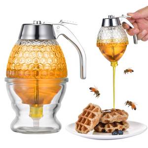 lot 11094 image: Glass Honey Dispenser 8 Ounces - Drip-Free Honey Jar With Glass Stand, Kitchen Leak-Proof Syrup Dispenser, Elegant Honeycomb Design For Storing Honey, Maple Syrup And Coffee Syrup