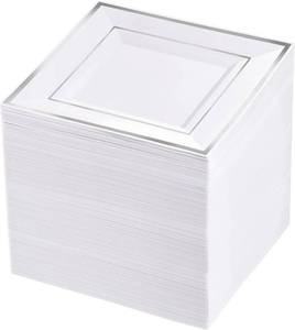 lot 11105 image: bUCLA 100PCS White and Silver Square Plastic Plates - 6inch Disposable Dessert Plates - Suitable for Weddings, Parties, Christmas