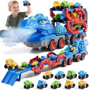 lot 11112 image: 10 in 1 Dinosaur Truck Toys for Kids Toddlers Boys 3-5 4-8, Dino Carrier Truck with Foldable Track, Spray, Light & Sounds and 9 Dino Cars, Birthday Gifts for Kids Boys Girls 3 4 5 6 7 8 Year Old