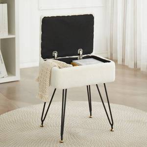 lot 11114 image: Leesingdo Vanity Stool Chair, Faux Teddy Fur Ottoman Foot Stool with Metal Legs & Adjustable Black Feet, Flip Top Storage Makeup Chair with Soft Padded Seat, Foot Rest for Makeup Room Bedroom, White (Used)