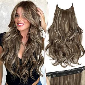 lot 12401 image: KooKaStyle Invisible Wire Hair Extensions Long Wavy Layered Synthetic with Transparent Headband Adjustable Size 6 Secure Clips Hairpieces for Women (20 Inch, Medium Brown Mix Ash Blonde)