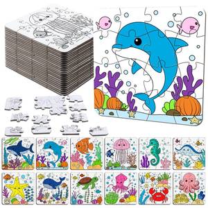 lot 12407 image: Realspring 24 Pack Under The Sea Color Your Own Jigsaw Puzzles for Kids 3-5, 4-6, 6-8, Coloring Crafts DIY Paper Puzzles Party Favors Gifts for Toddler Children Learning Education Toys
