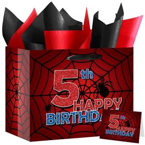 lot 12452 image: Large Spider 5th Birthday Gift Bag With Tissue Wrapping Paper Greeting Card Red Spider Web Cartoon Set for Boys 5 Years Old Kids Child Son Fifth Happy Birthday Party Supplies Decor Favors Present