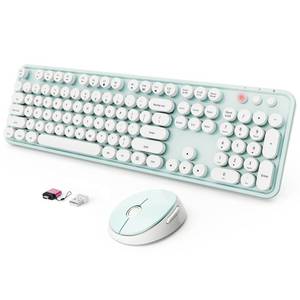 lot 13147 image: Wireless Keyboard and Mouse Combo, Ergonomic Full Size Typewriter Retro Round Keycaps Keyboard, Compatible with Windows, PC, Perfer for Home and Office Keyboards��Green��