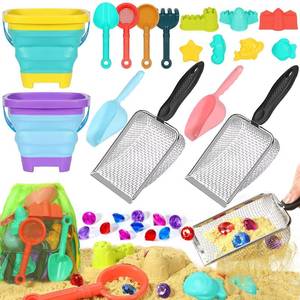lot 13153 image: Beach Sand Toys for Kids,Sand toys with 2 Collapsible Beach Bucket,2 Beach Sifter Shovel,Sand Shovel Set,Sand Castle Kit,Sea Animal Molds,Diving Gem Pool Toy,Mesh Bag Travel Toys for Toddler 3-10