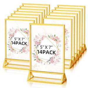 lot 13158 image: PPH-Sisy 5x7 Acrylic Sign Holder, 14 Pack Gold Picture Frame Double-Sided Clear Acrylic Sign Holder Flyer Menu Holder, Wedding Table Number Stands, Photo Frames for Office Home Event