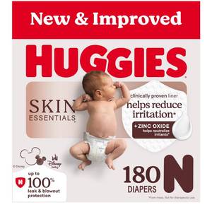 lot 13166 image: Huggies Size Newborn Diapers, Skin Essentials Baby Diapers, Size Newborn (6-9 lbs), 180 Count (3 Packs of 60), Packaging May Vary